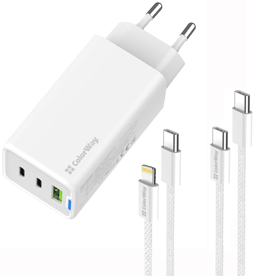 Сетевое зарядное устройство Colorway GaN Mini 65W PD Port PPS USB cable Type-C&Lightning (CW-CHS058PDCL-WT) - Фото 1