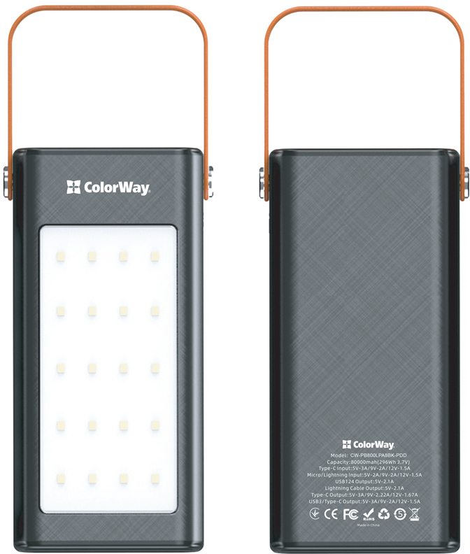 Батарея мобильная Colorway 80000 mAh LCD/Lamp USB QC3.0 + USB-C Power Delivery 22.5W Black (CW-PB800LPA8BK-PDD) - Фото 1