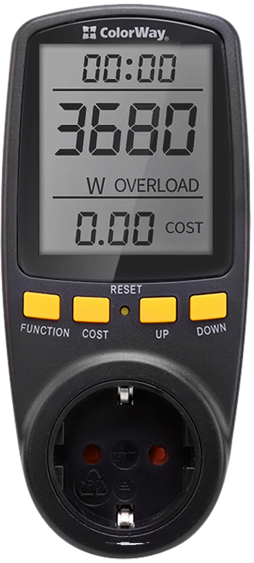 Вольтметр Colorway для розетки (16A/3680W) Black (CW-VM16-02D) - Фото 1