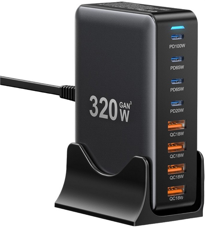 Мережевий зарядний пристрій Essager Engine 320W GaN table charge 4C+4A Black (EZC320W-QJB0G-Z) - Фото 1