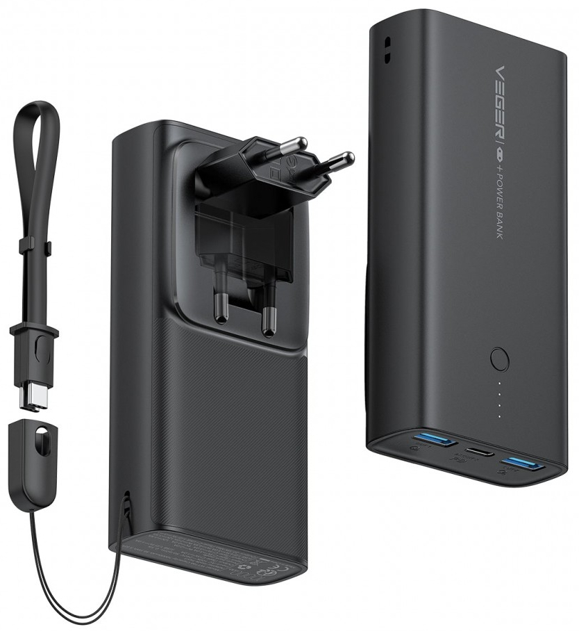 Батарея мобильная Veger ACE100 Built-in EU Plug 10000mAh Quick Charge PD20W W1146 (1283126559143) - Фото 1