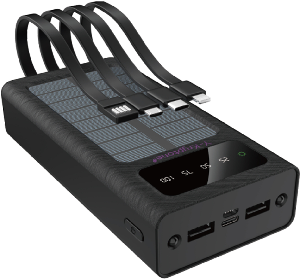 Батарея мобильная Y-Kryptone S-02 SOLAR CHARGE LED Light 20000 mAh CABLE in Black (YK-S02SLC-B) - Фото 1