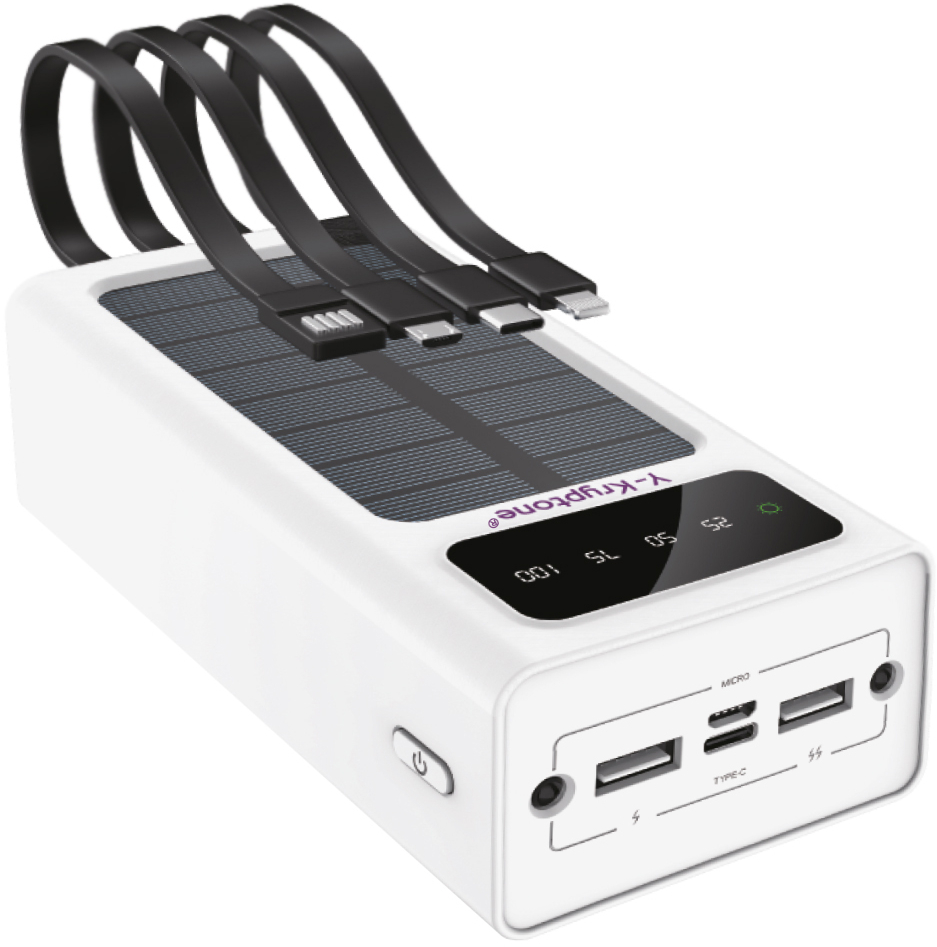 Батарея мобильная Y-Kryptone S-03 SOLAR CHARGE LED Light 30000 mAh CABLE in White (YK-S03SLC-WH) - Фото 1