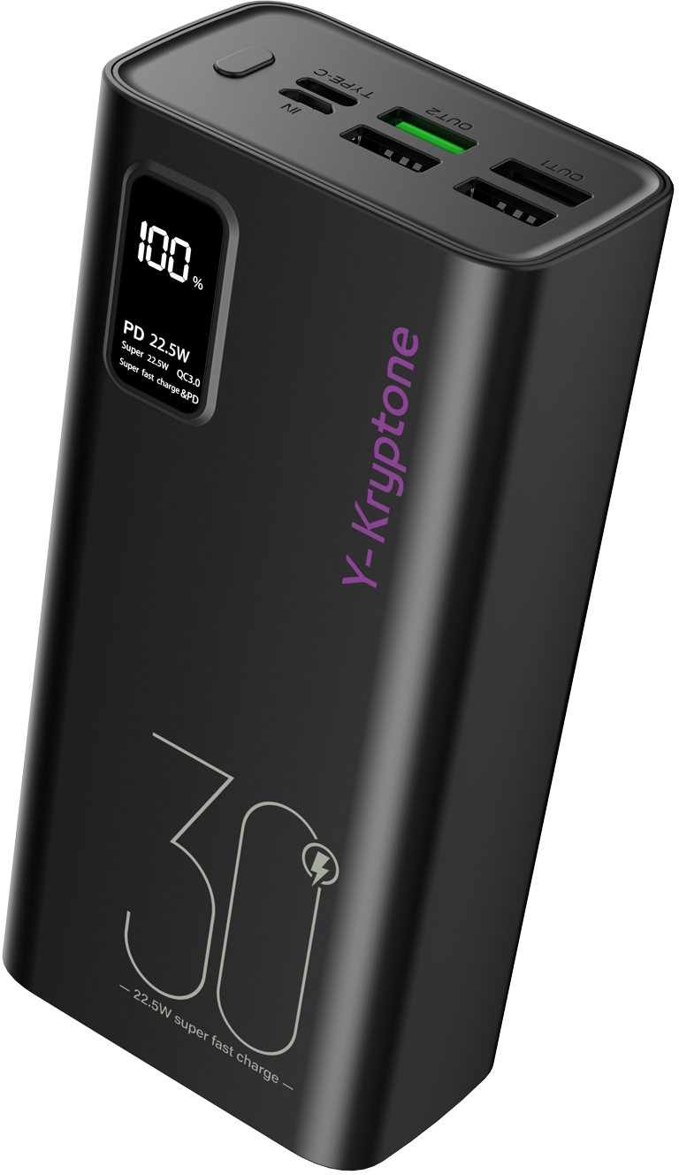 Батарея мобильная Y-Kryptone GT-33 30000 mAh QC3.0 22.5W Fast Charge Black (YK-GT33-B) - Фото 1