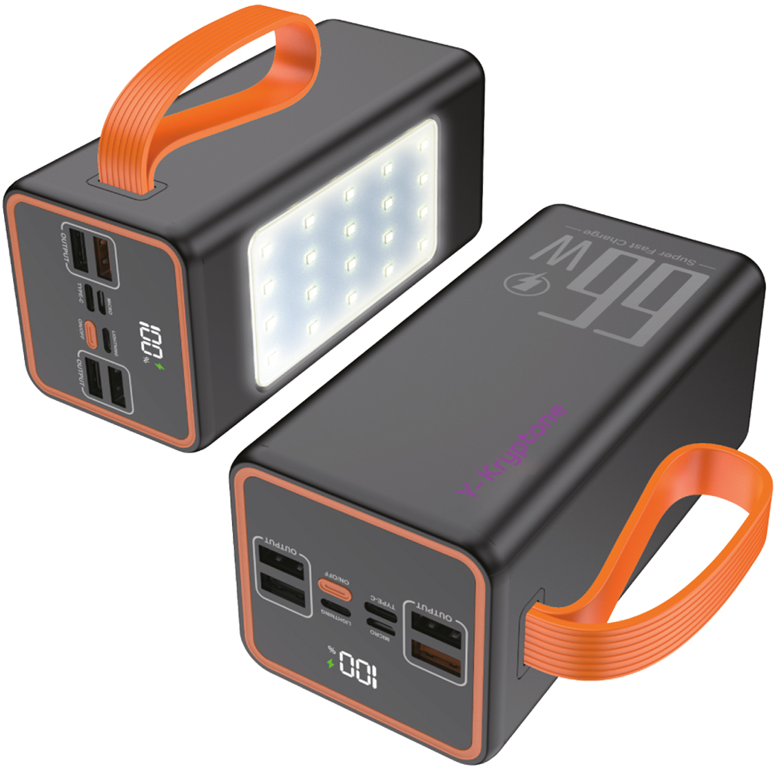 Батарея мобильная Y-Kryptone GT-52 LED Light 50000 mAh QC3.0 22.5W 66W Super Fast Charge Black (YK-GT52L-B) - Фото 1