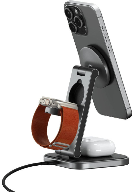 Беспроводное зарядное устройство Satechi 3-in-1 Foldable Qi2 Wireless Charging Stand Space Gray (ST-Q31FM-EA) - Фото 1
