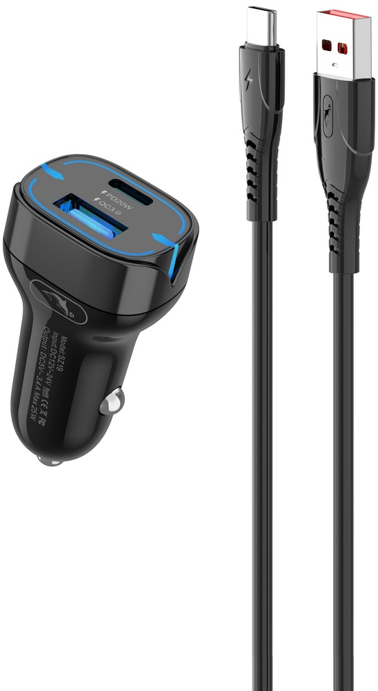 Автомобильное зарядное устройство SkyDolphin SZ19T PD 20W+QC3.0 20W Black (SDAZP-000104)+кабель Type-C - Фото 1