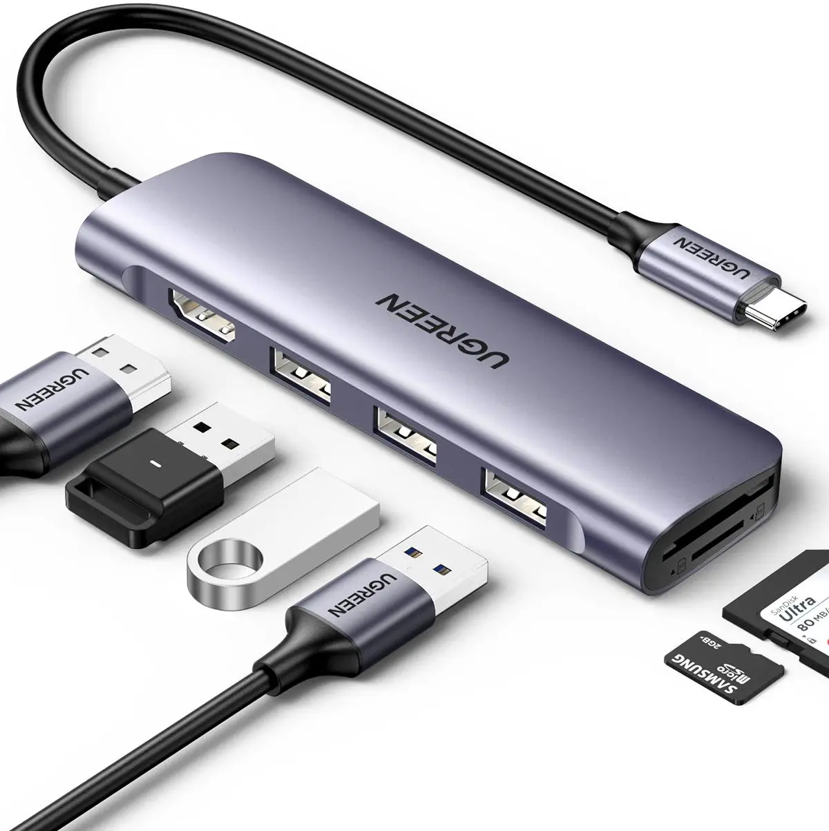 Хаб USB UGREEN CM195 USB-C to HDMI+3xUSB 3.0 + SD/TF Space Grey (70410) - Фото 1
