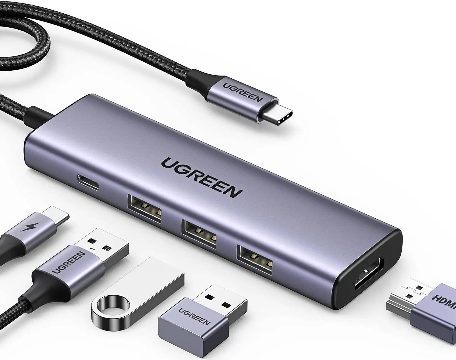 Хаб USB UGREEN CM511 USB-C to HDMI+3xUSB 3.0 +PD Power Port Space Grey (15596) - Фото 1
