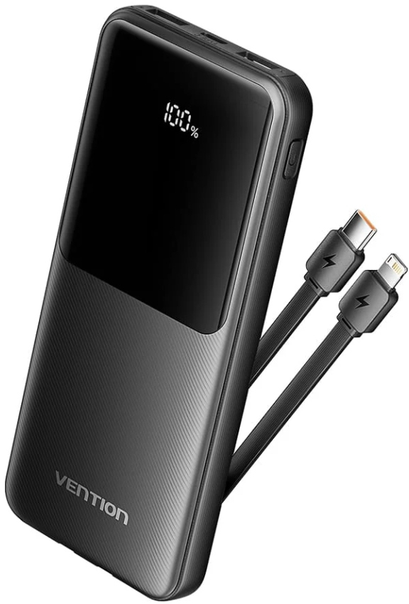 Батарея мобильная Vention 10000mAh 22.5W 3A PD Micro-USB,USB-C,2xUSB-A Built-in USB-C+Lightning Cables Black (FHOB0) - Фото 1
