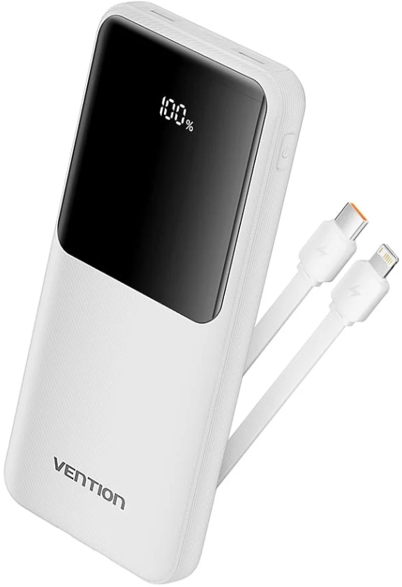 Батарея мобильная Vention 10000mAh 22.5W 3A PD Micro-USB,USB-C,2xUSB-A Built-in USB-C+Lightning Cables White (FHOW0) - Фото 1
