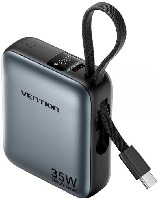 Батарея мобильная Vention 10000mAh 35W 3A PD Fast Charging 1хType-C OUT with Built-in USB-C Cable LED Display Gray (FHEH0) - Фото 1