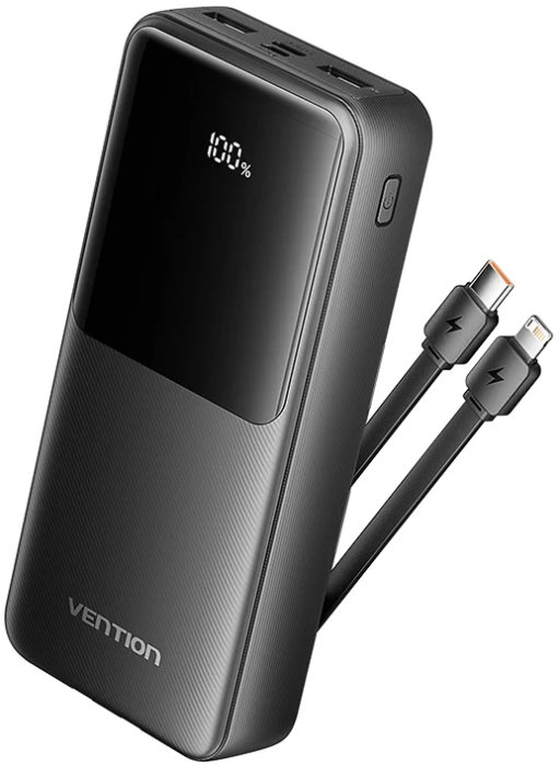 Батарея мобильная Vention 20000mAh 22.5W 3A PD Micro-USB,USB-C,2xUSB-A Built-in USB-C+Lightning Cables Black (FHPB0) - Фото 1