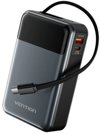 Батарея мобильная Vention 20000mAh 65W 3A PD QC3.0,USB-A 2хType-C OUT with Built-in USB-C Cable LED Display Black (FHYB0) - Фото 1