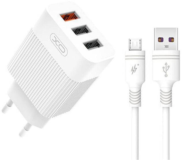 Сетевое зарядное устройство XO USB XO L72 (3A, QC3.0, 3 Usb) + кабель Micro USB White (XO-L72-BK) - Фото 1