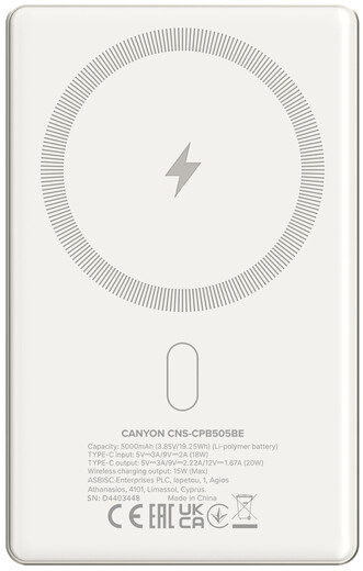 Батарея мобильная Canyon OnPower 505 slim Magsafe 5000 mAh PD20W Beige (CNS-CPB505BE) - Фото 1