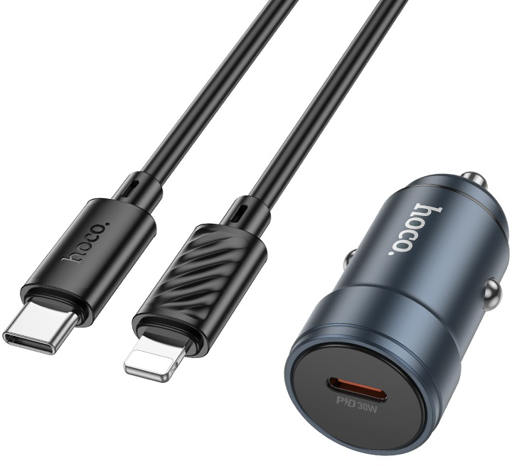 Автомобильное зарядное устройство HOCO Z57 Glorious single-port PD30W car charger set (C to iP) Metal Gray (6942007633062) - Фото 1