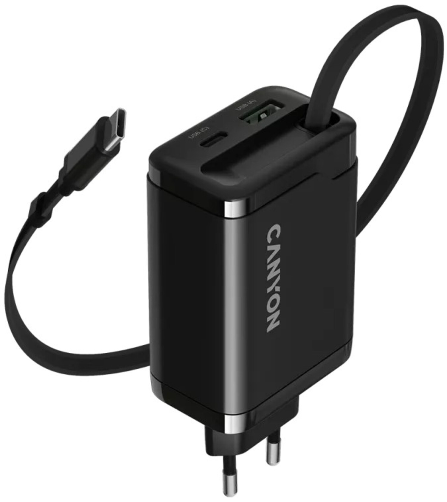 Мережевий зарядний пристрій Canyon OnCharge 65RC Build-In Cable USB-C 65W 1xPD 1xQC Black (CNS-CURC65ACB) - Фото 1