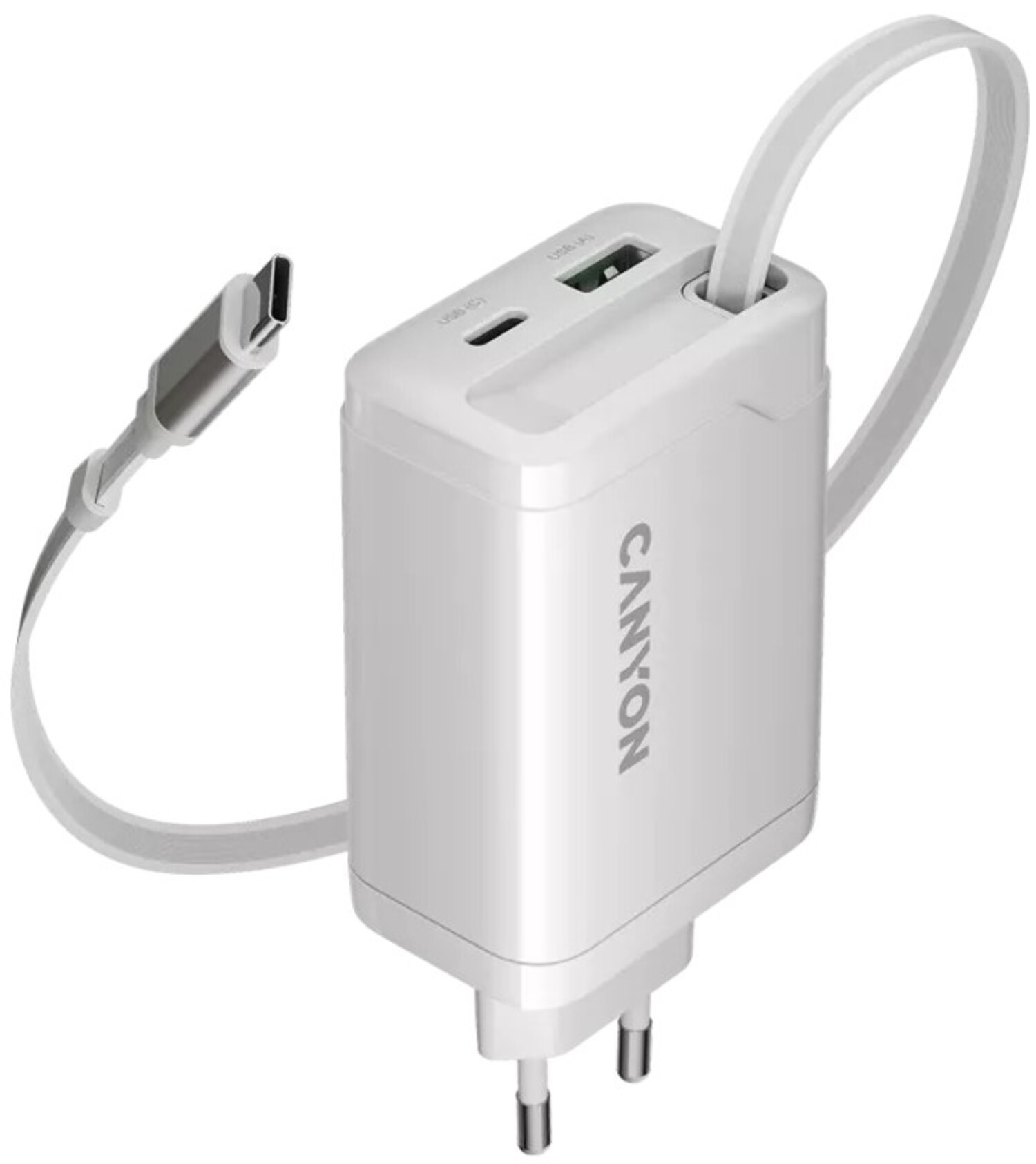Мережевий зарядний пристрій Canyon OnCharge 65RC Build-In Cable USB-C 65W 1xPD 1xQC White (CNS-CURC65ACB) - Фото 1