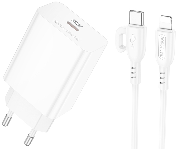 Мережевий зарядний пристрій BOROFONE BA21A Pro Long journey single port PD20W charger set(C to iP) White (6941991111419) - Фото 1