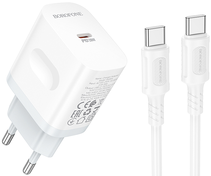 Мережевий зарядний пристрій BOROFONE BA99A Breeze single port PD20W charger set(C to C) White (6941991121371) - Фото 1