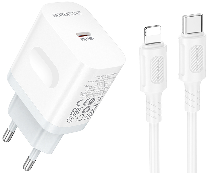 Мережевий зарядний пристрій BOROFONE BA99A Breeze single port PD20W charger set(C to iP) White (6941991121364) - Фото 1