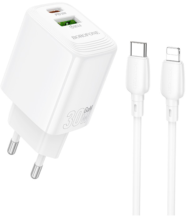 Сетевое зарядное устройство BOROFONE BN29 Fuente PD30W+QC3.0 charger set C to iP EU White (6941991120336) - Фото 1