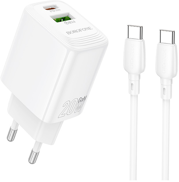 Сетевое зарядное устройство BOROFONE BN27 Fuente PD20W+QC3.0 charger set C to C EU White (6941991120282) - Фото 1