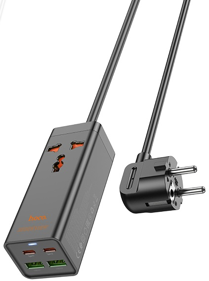 Подовжувач 220В HOCO AC10A Barry PD65W GaN 2C2A with 1 socket desktop charger White (6942007601689) - Фото 1