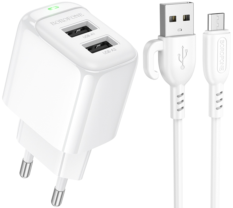 Мережевий зарядний пристрій BOROFONE BAS41A Potential dual-port charger set(Micro) White (6941991113765) - Фото 1