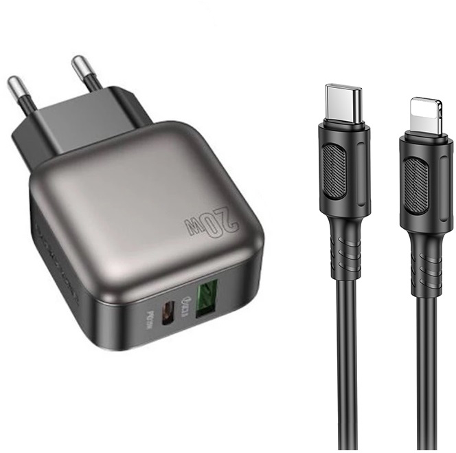 Сетевое зарядное устройство BOROFONE BAS54A Absolute PD20W+QC3.0 charger set C to iP EU Black (6941991116216) - Фото 1