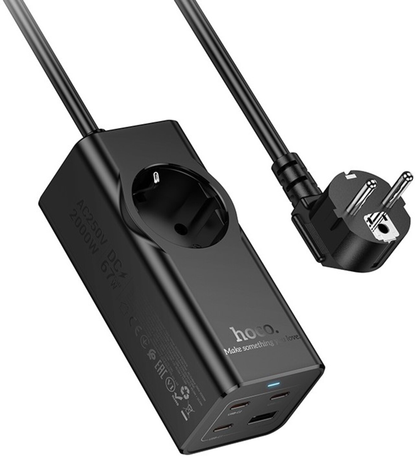 Сетевой фильтр HOCO NS9 Wisdom 1-position (PD67W/3C1A) desktop socket EU/GER Black (6942007638494) - Фото 1