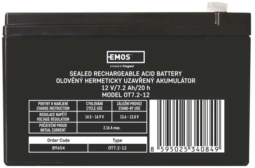 Аккумулятор для ИБП EMOS B9654, AGM, 12V, 7,2Ah, fast 4,7mm - Фото 1