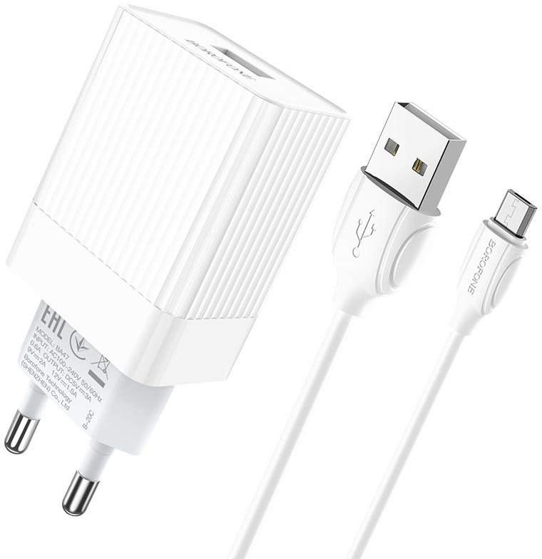 Сетевое зарядное устройство BOROFONE BA47A QC3.0 3A + Micro-USB cable 18W White (6931474728302) - Фото 1
