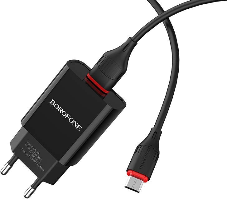 Сетевое зарядное устройство BOROFONE BA20A Sharp single port charger set Micro 10.5W Black (6931474702135) - Фото 1