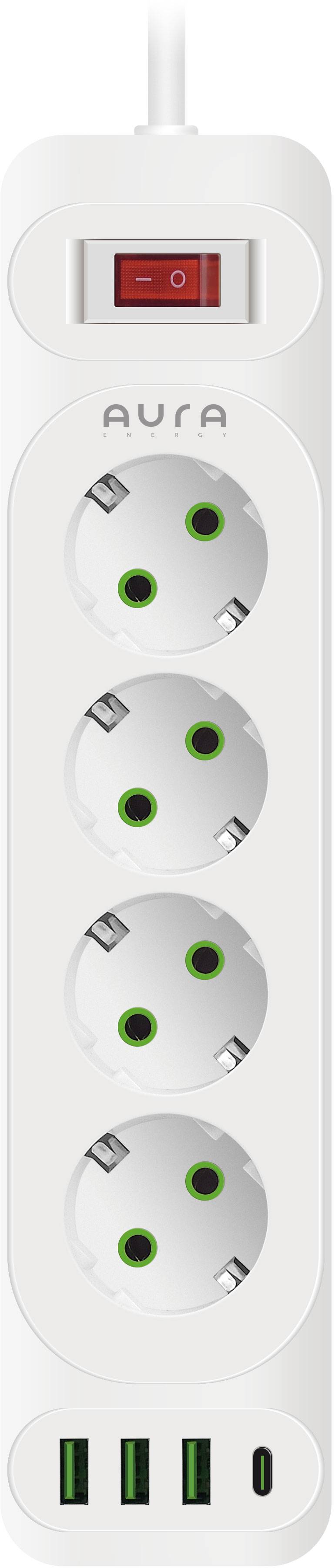 Сетевой фильтр Aura Energy 4+3 USB-A + USB-C (PD) 2M White (AUEMFP43PD2MW) - Фото 1