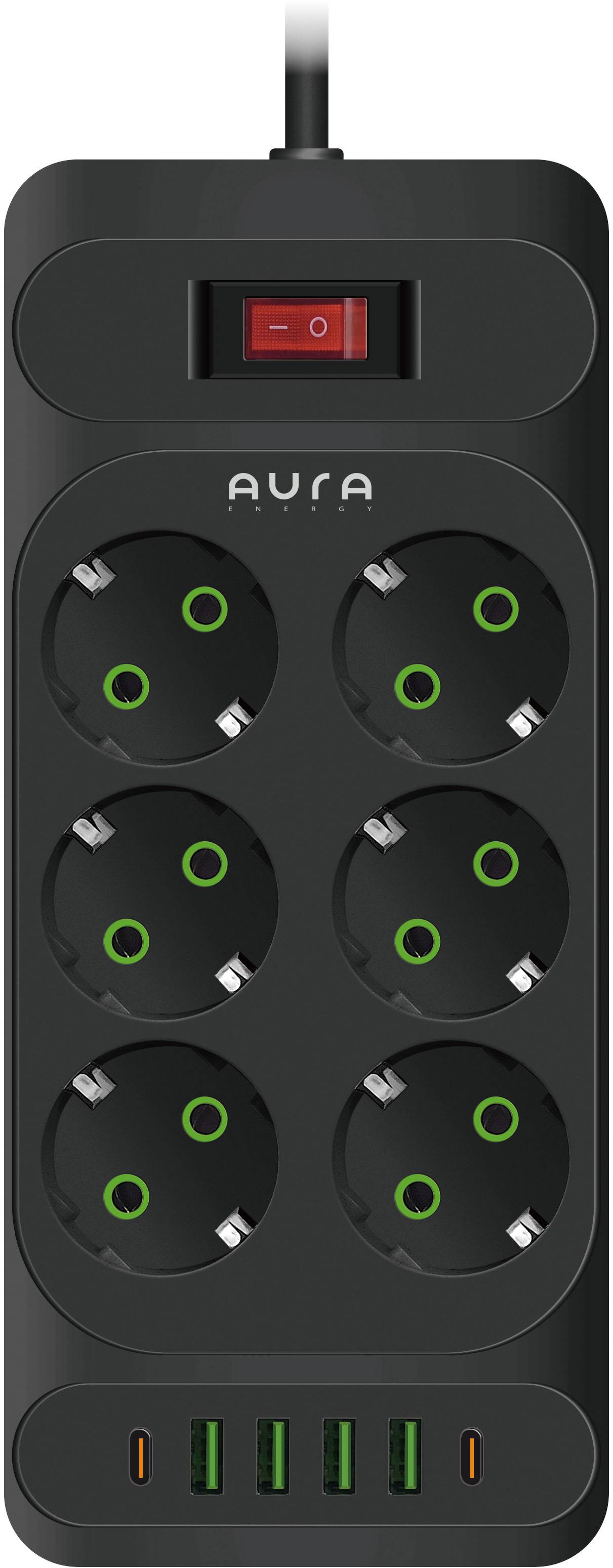 Сетевой фильтр Aura Energy 6+4 USB-A + 2 USB-C (PD) 2M Black (AUEMFP64PD2MB) - Фото 1
