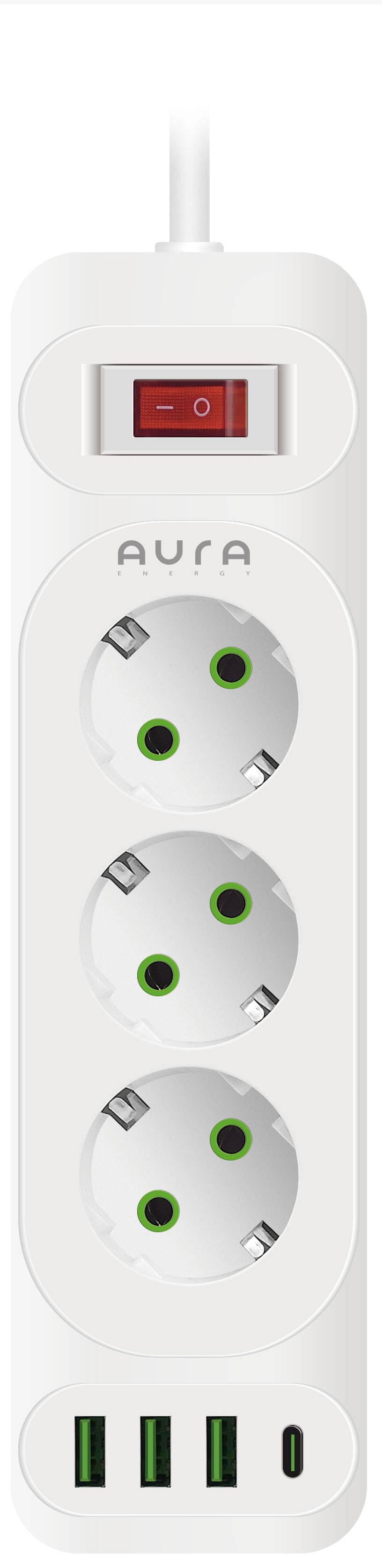 Сетевой фильтр Aura Energy 3+3 USB-A + USB-C (PD) 2M White (AUEMFP33PD2MW) - Фото 1
