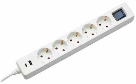 Сетевой фильтр 2E 5xType F 3x1.5мм кв 16A 1xUSB-A 1xUSB-C 3м White (2E-SP515M3USBWH) - Фото 1