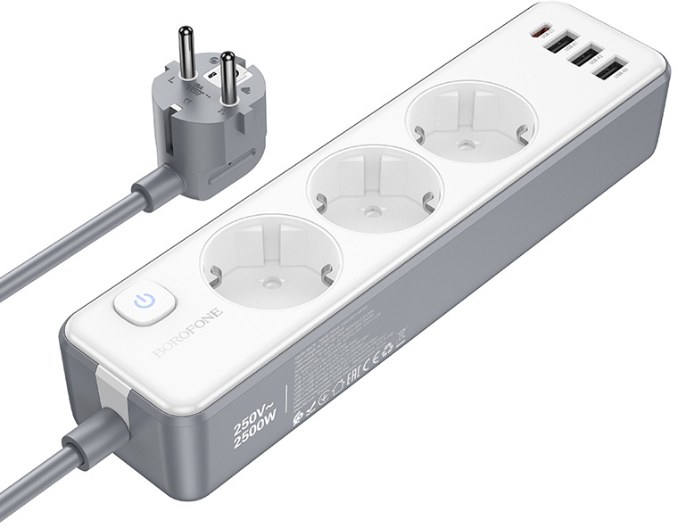 Мережевий фільтр BOROFONE BAC9 Power 3-position socket 2м White (6941991116650) - Фото 1