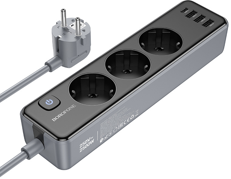 Мережевий фільтр BOROFONE BAC8 Power 3-position socket 2м Black (6941991116636) - Фото 1