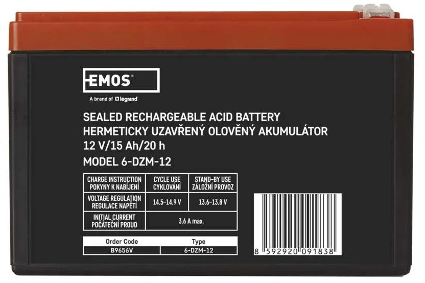 Аккумулятор для ИБП EMOS B9656V, AGM, 12V, 15Ah, fast 6,3mm - Фото 1