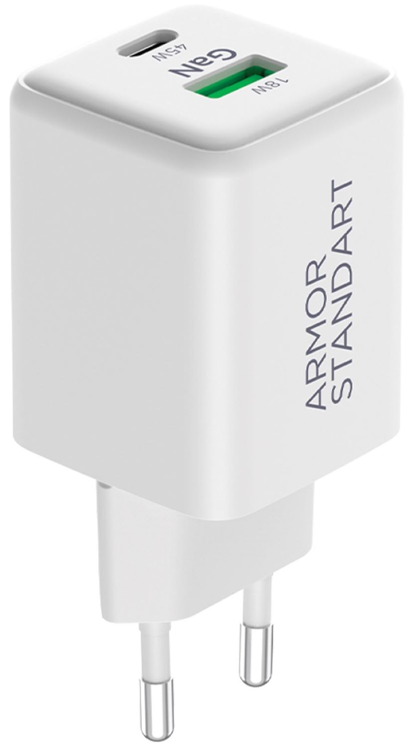 Мережевий зарядний пристрій Armorstandart AR372 45W GaN Type-C + USB White (ARM77550) - Фото 1