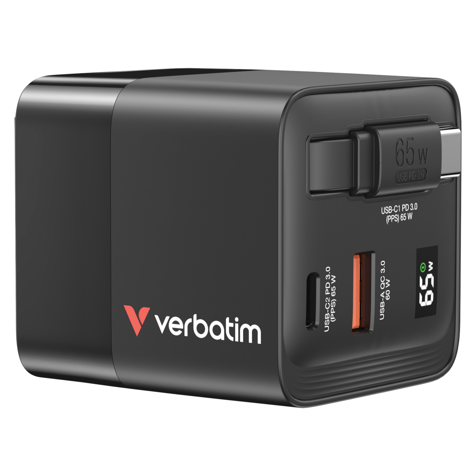 Сетевое зарядное устройство Verbatim GaN 65 Вт USB-C/1xUSB-A с выдвижным кабелем (32217) - Фото 1