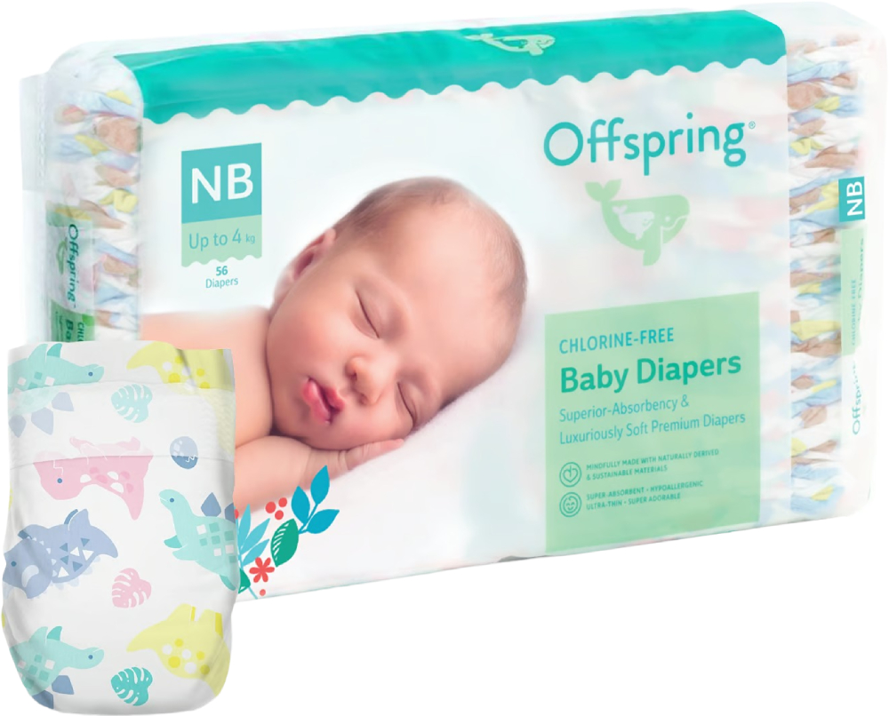 Одноразові підгузки Offspring розмір NB до 4 кг 56 шт. Діноленд (DP-OI-FAT-NB56P-DNL) - Фото 1