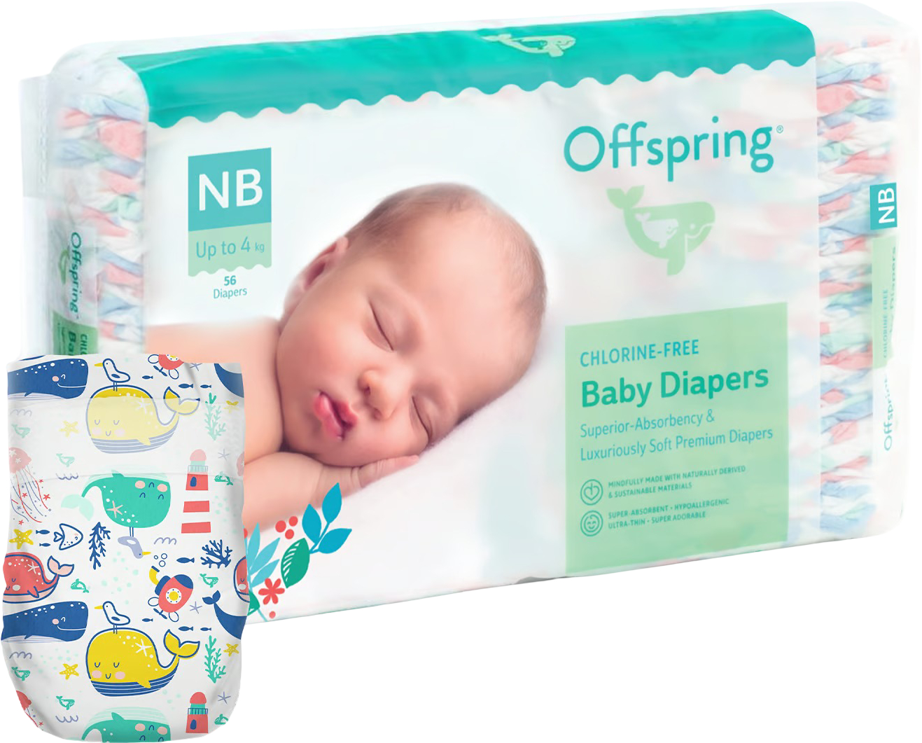 Одноразові підгузки Offspring розмір NB до 4 кг 56 шт. Кити (DP-OI-FAT-NB56P-WTW) - Фото 1