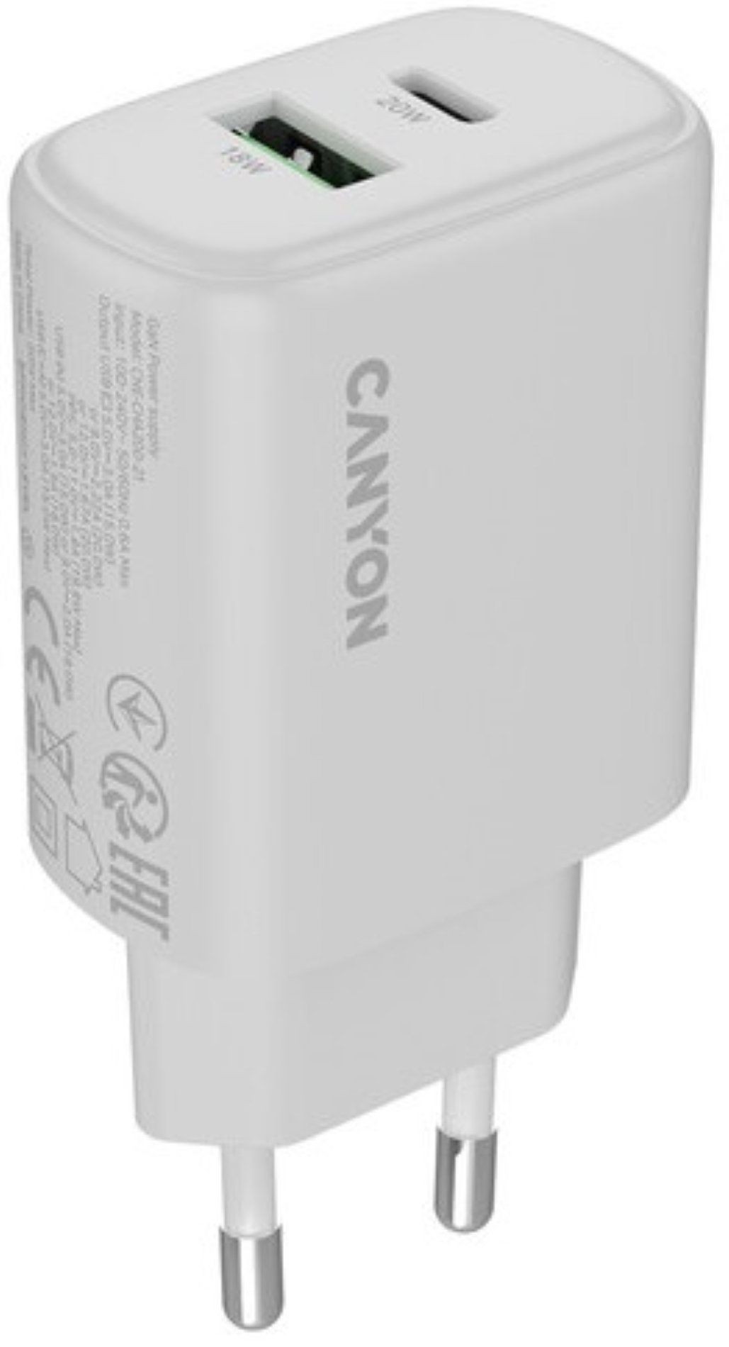 Сетевое зарядное устройство Canyon OnCharge 200 20W 1xPD 1xQC EU White (CNE-CHA200-21) - Фото 1