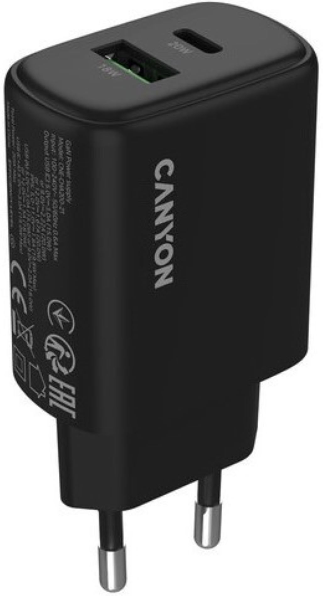 Сетевое зарядное устройство Canyon OnCharge 200 20W 1xPD 1xQC EU Black (CNE-CHA200-31) - Фото 1