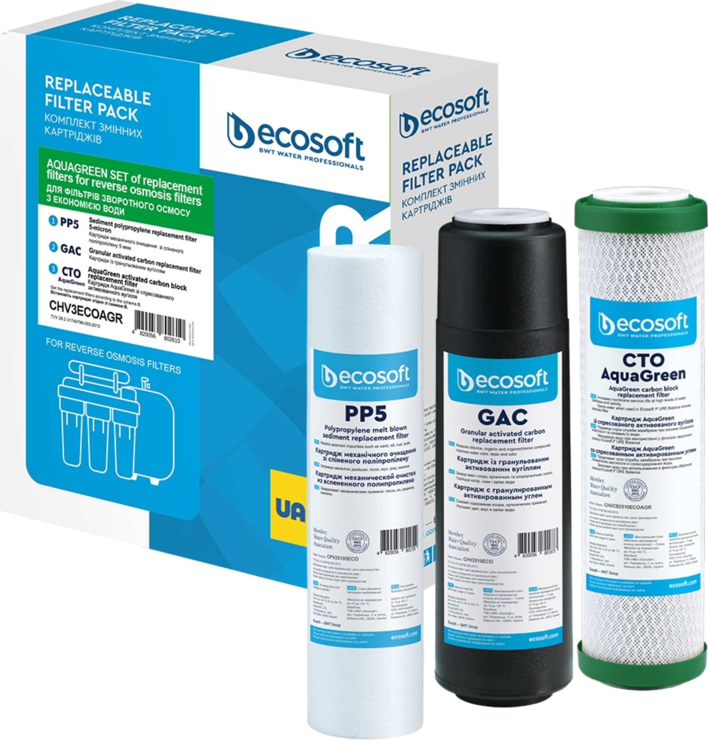 Картридж системи зворотного осмосу Ecosoft 1-2-3 для Absolute (поліпропілен+GAC+AquaGreen) (CHV3ECOAGR) - Фото 1
