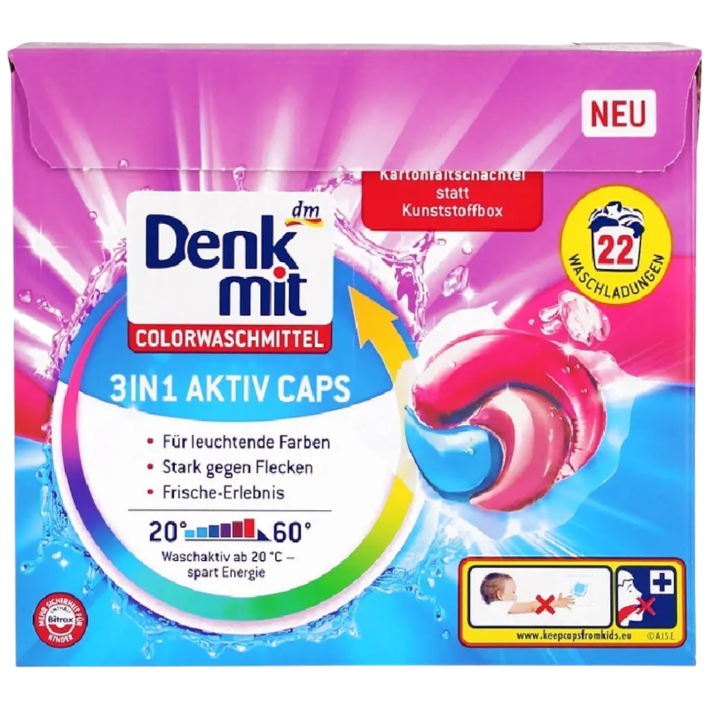 Капсулы для стирки Denkmit для цветных вещей 3в1 Aktiv Caps 22 шт. (DDACC22) - Фото 1